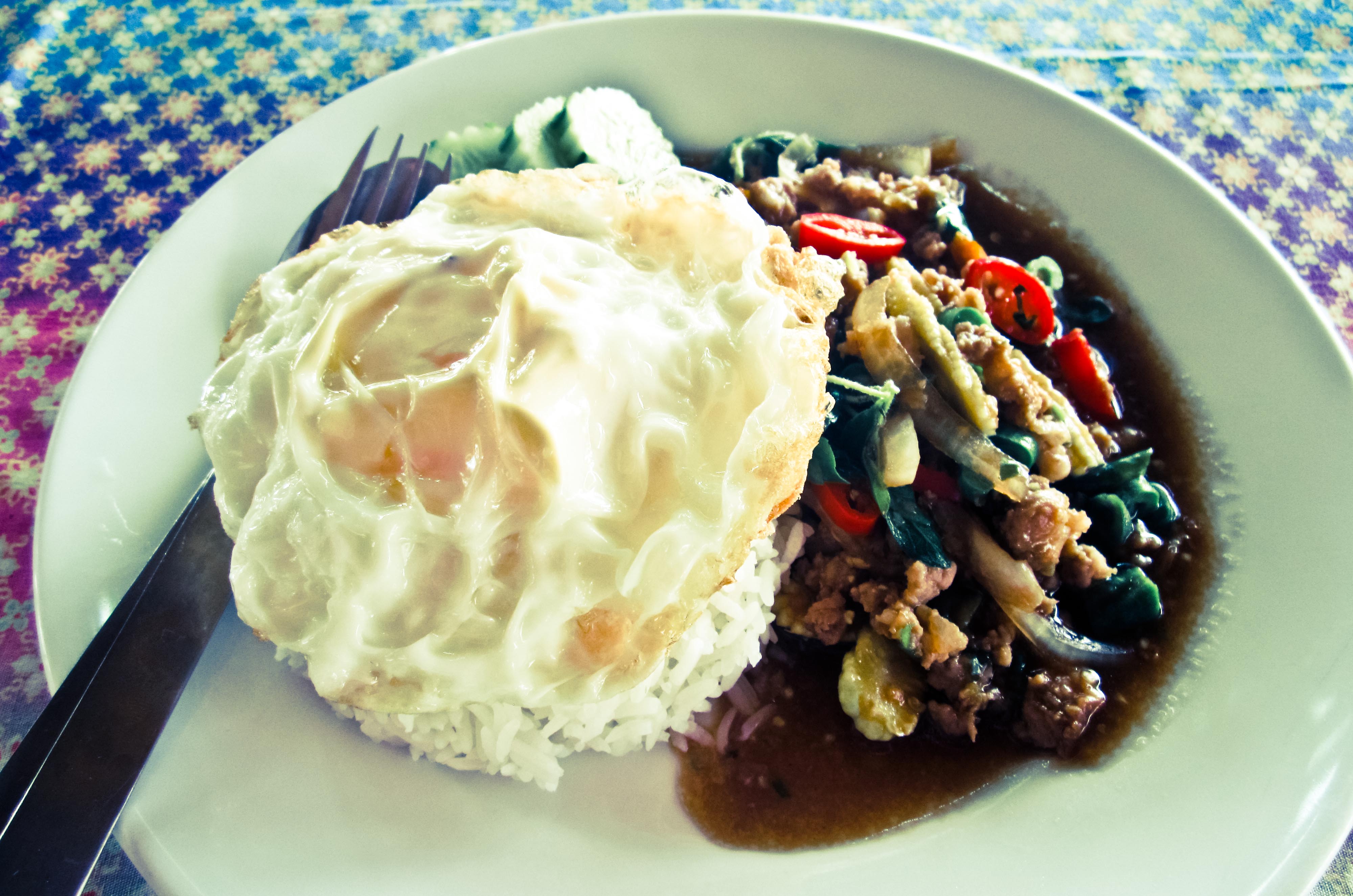 Pad Gra Pow Mor Kai Dou Stir Fried Thai Holy Basil with Pork and a