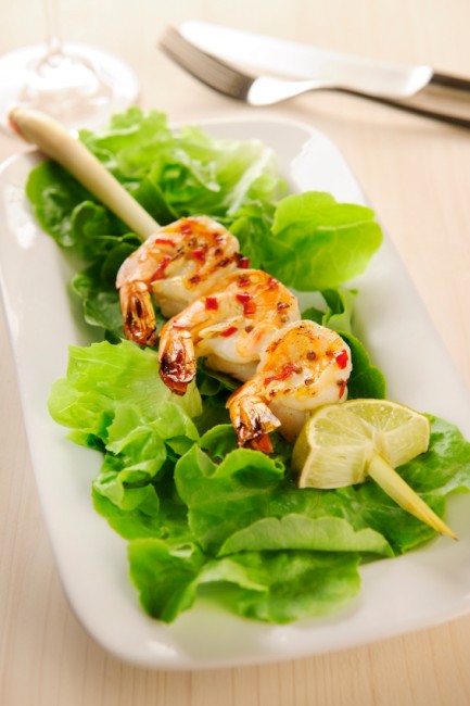 Grilled prawns on a lemongrass skewer