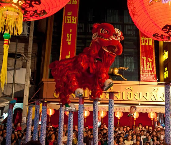 Lion Dance Acrobats Perform in Chiang Mai