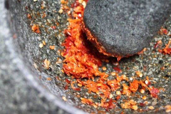15 Thai Chilies in a Mortar and Pestle