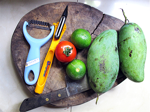 Knives, Tools and Fresh Ingredients for Thai Mango Salad